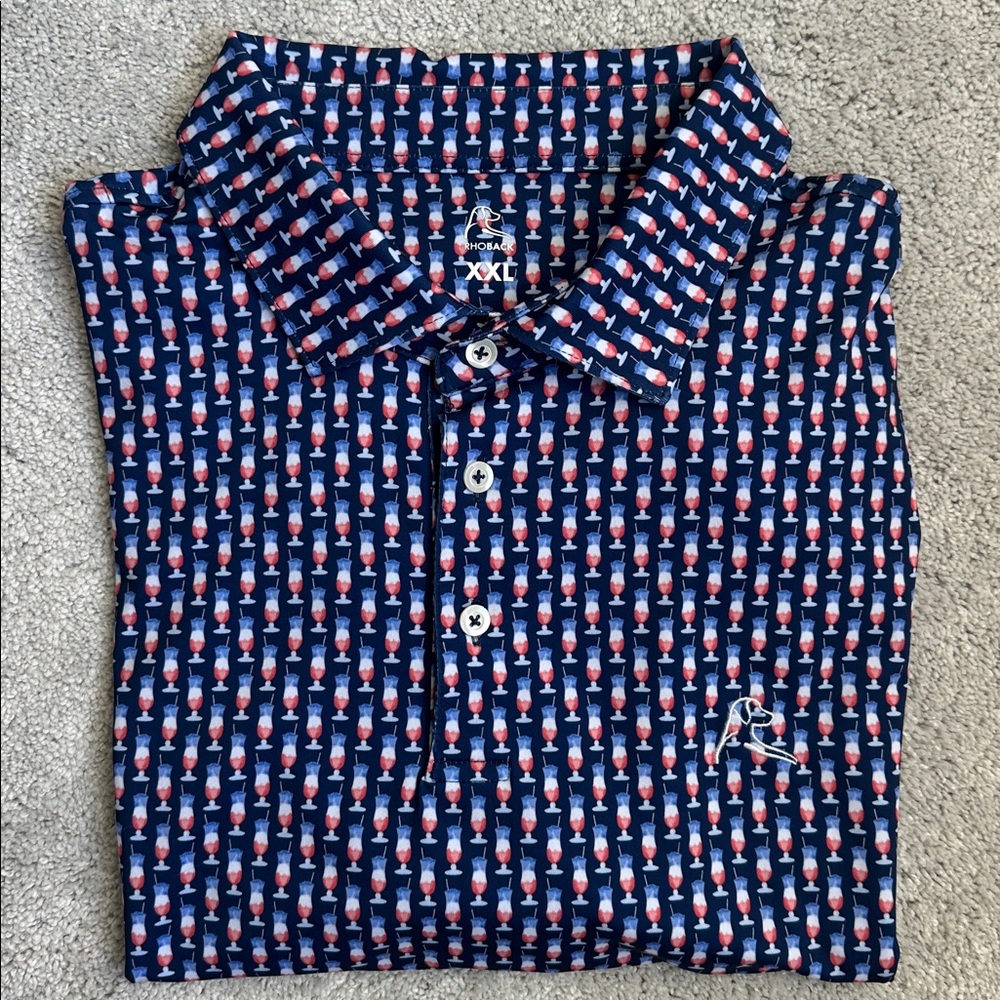 Rhoback Mens Performance Polo, Red White and Blue Drink Cup Pattern